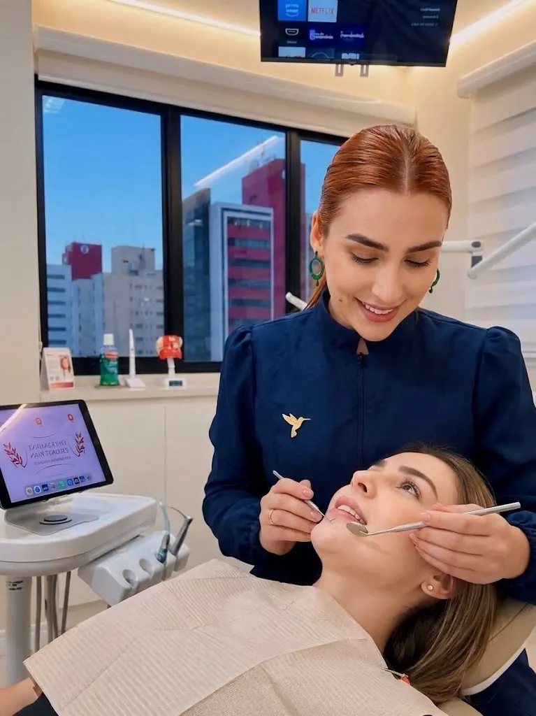 Dra. Gizele Escobar examinando uma paciente no consultório da Gi Smile Odonto